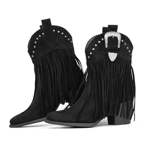 Hawkwell Women's Fringe Cowboy Cowgirl Boots Snip Toe Pull On Dress Western Ankle Booties - Main Image