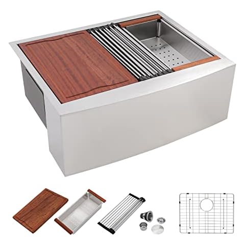 27" Farm Sink Stainless, Dcolora 27 Inch Farmhouse Kitchen Sink Apron Front Ledge Workstation Stainless Steel 16 Gauge Round Corner Single Bowl With Wood Cutting Board Cover