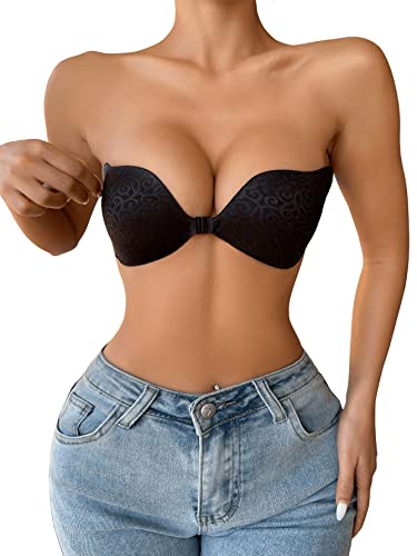 Sweatyrocks Women's Self Adhesive Bra Backless Strapless Sticky Seamless Push Up Bras Black L #TOP30