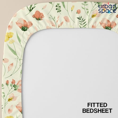 Image of Urban Space Serene 200 TC 100% Cotton Elastic Fitted Bedsheets King Size With 2 Pillow Covers, King Size Bedsheet Floral(Meadows Buttercream, Size 72 X 78 Inches)