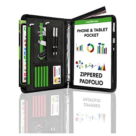 Wundermax Portfolio Padfolio 3 Three Ring Binder Document Organizer Vegan Leather Folder with Legal Size Writing Pad Zipper 10.1 Inch Ipad Case Designer Notebook Business Planner for Men Women Black