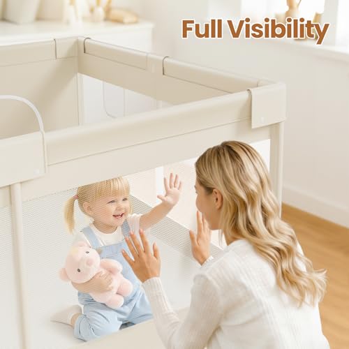 Image of Uanlauo Beige Large Baby Playpen - 69x59in Playpen for Babies and Toddlers