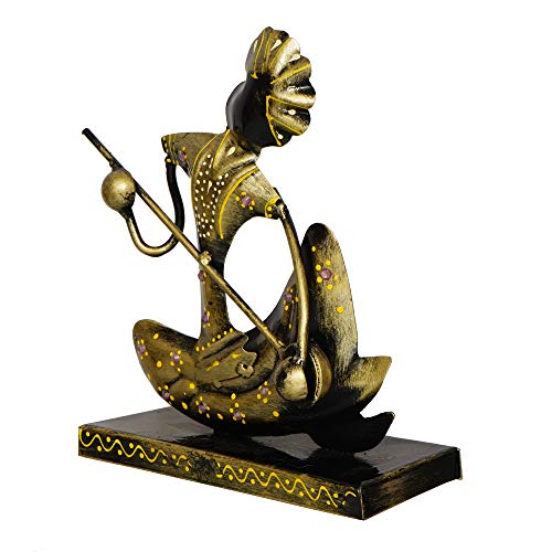 Image of eCraftIndia Tribal Man with Pagdhi Playing Musical Instrument Banjo Decorative Showpiece