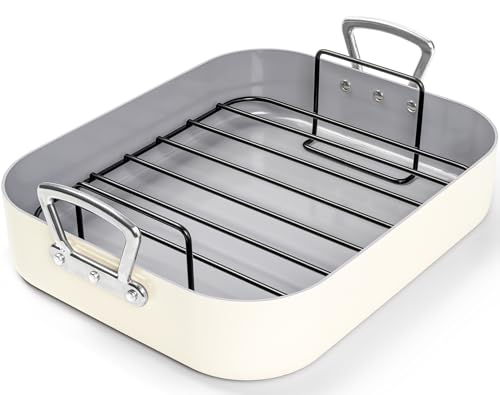 Image of MICHELANGELO Ceramic Roasting Pan with Rack, Turkey Roasting Pan with Nonstick Ceramic Coating, Deep Turkey Roaster Pan, 15 Inch x 13 Inch - Beige