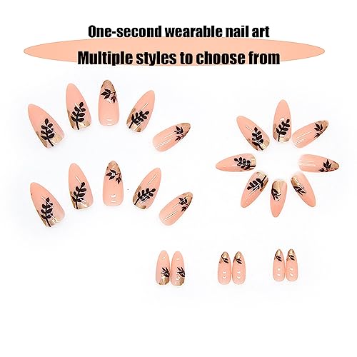 Press On Nails Medium Nude Almond False Nails With Maple Leaves Designs Fake Nails，Glossy Full Cover French Acrylic Nails Stick On Nails For Women 24Pcs #TOP3