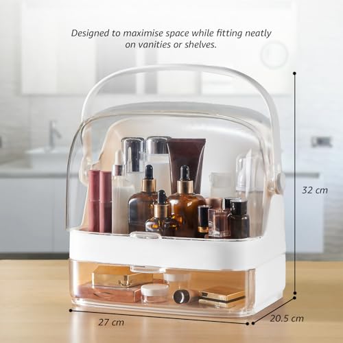 Image of Amazon Basics Glossy ABS+PET Cosmetic Storage Organizer | 27 x 20.5 x 32 cm | 2 Compartments | Waterproof & Dustproof Lid | White