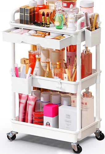 SUNALLY Makeup Cart Organizer with Drawers Floor Skincare Organizers Vanity Storage Organizer Rolling Makeup Bathroom Storage Cart Cosmetics Display Cases for Skin Care Perfume Nail Polish White