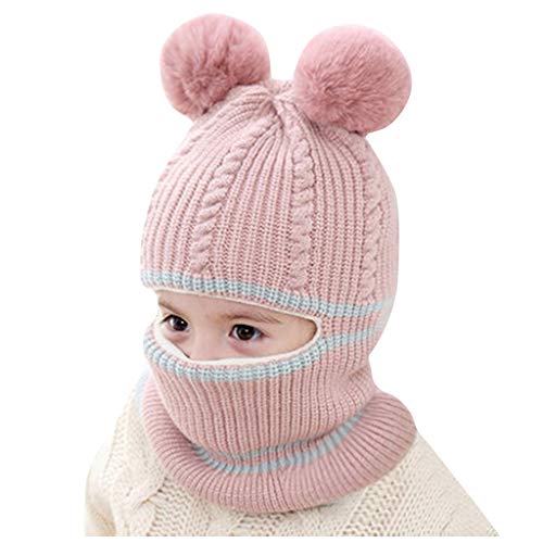 Youmymine Toddler Baby Kid Boy Girl Cute Hooded Scarf Hat Winter Warm Knit Flap Scarf Cap Solid Color Fashion Hat (Pink)