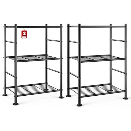 Sakugi 2-Pack Storage Shelves - 3-Tier Metal Wire Shelf Organizer, Slim Shelf Rack with Adjustable Feet for Laundry Room, Kitchen, Garage Organization, 18.2" x 12.3" x 30.4", Black