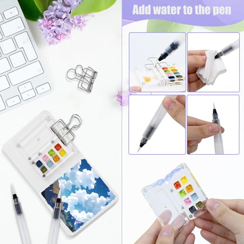 Pocket Artist Watercolor Travel Set,Mini Paint Kit Clear Acrylic Grid Paint Box 8 Grids with 3 Pieces Sketch Brush Pens,1 Binder Clips,1 Sketchbook - Thumbnail 6