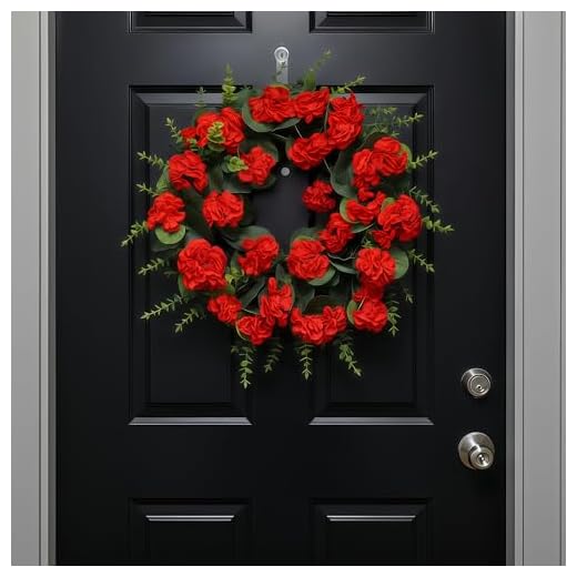 KuiMen Red Artificial Geranium Wreath, 22 Inch Spring Summer Wreaths for Front Door with Blessed Hanging Sign, for Rustic Farmhouse Decor for Entryway, Porch, Balcony Decor