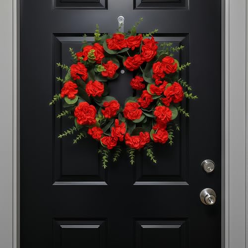 KuiMen Red Artificial Geranium Wreath 22 Inch Spring Summer Wreaths for Front Door with Blessed Hanging Sign for Rustic Farmhouse Decor for Entryway Porch Balcony Decor