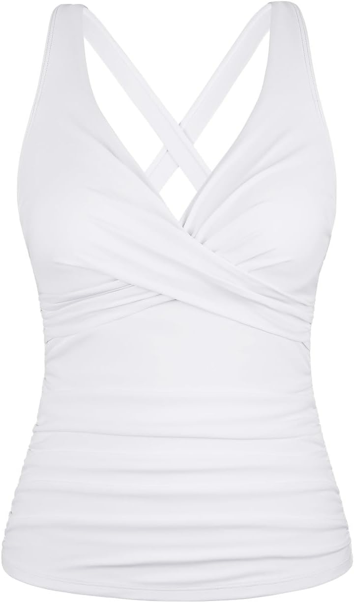 Hilor Women's Underwire Tankini Top Tummy Control Bathing Suits Sexy V Neck Crossover Swim Top Only