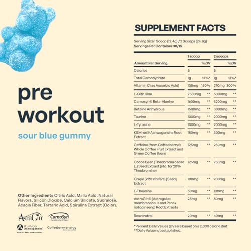 Image of BE AMAZING Pre Workout Powder, Vegan Supplement with 125mg Natural Caffeine, Ashwagandha and Adaptogens, Sugar Free Drink Mix for Men and Women, Gluten Free, Non GMO, Sour Blue Gummy, 30 Servings