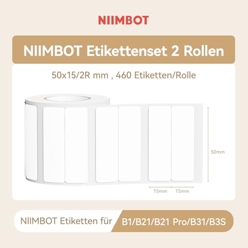 NIIMBOT Etiketten für B1 B21 B3S Etikettendrucker, 50 * 15mm/2R 460 Etiketten pro Rolle, 2 Rolle Selbstklebender Etikettenband für Supermärkte, Einzelhandel, Büro, Weiß