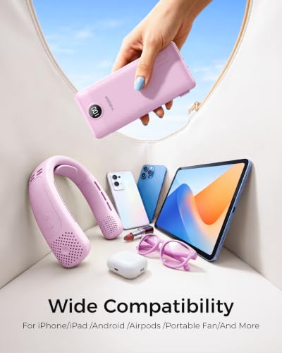 Image of VEGER Portable Charger with Built-in AC Plug and Cables, All in One 10000mAh Ultra Slim Power Bank Travel Essentials, USB C External Battery Pack Compatible with iPhone, Samsung, More, Purple