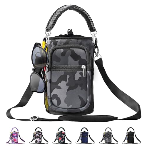 Image of Neoprene 128 oz Water Bottle Sleeve, Metal Water Jug Sling Bag with Paracord Handle & 4 Pockets, One Gallon Sport Bottle Crossbody Carrier Bag with Adjustable Shoulder Strap-Wild Rose