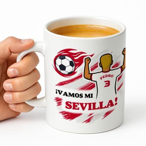 Taza personalizada con nombre y dorsal para aficionados al fútbol, regalo original para niños y adultos, personalización para chica o chico, 350 ml (Sevilla, Chico)