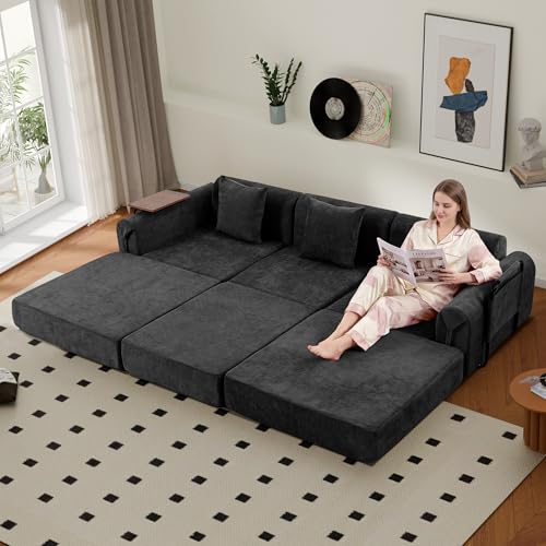 Image of 100 inch Convertible Sofa Bed, 5-in-1 Modular Sectional Cloud Couch with Fixed-Shape Frame & Storage Pocket, No Assembly Required Boneless Sleeper Sofa for Living Room, Chenille Black