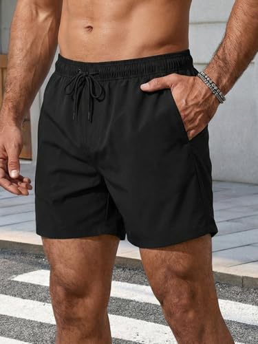 Runcati Badehose Herren Schnelltrocknend Badeshorts Männer Einfarbig Strand Schwimmhose Elastische Taille Sport Trainingsshorts mit Mesh-Futter und Reißverschlusstasche Schwarz M