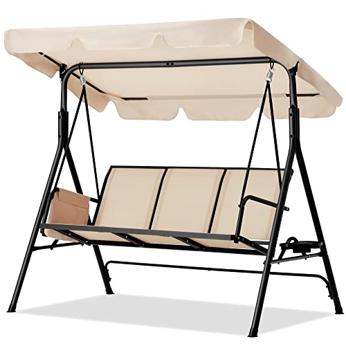 Haddockway 3-Seater Outdoor Adjustable Canopy Swing Chair,Porch Swing With Stand,Armrests,Textilene Fabric,Steel Frame,Patio Swing With Canopy For Garden,Backyard,Balcony,Poolside (Beige) #TOP20