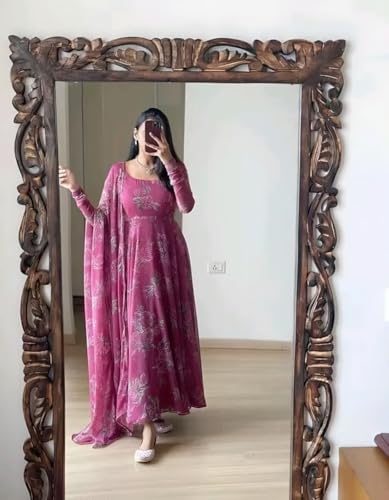 Image of Elegant Rose Pink Anarkali Style Maxi Dress with Dupatta - Full Length Flowy Silhouette, Long Sleeves Festive Occasion Wear for Women