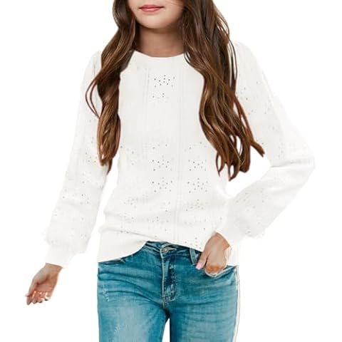Foshow Girls Puff Long Sleeve Crew Neck Pullover Sweaters Top Kids Soft Dot Shirt Lightweight Knit Sweater Blouse White Cover