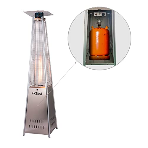 KEKAI Kekai Basil Gasofen für Terrasse, Außenbereich, Pyramiden-Design und Räder, 13 kW, 52 x 52 x 227 cm, Regler und Schlauch, Farbe Edelstahl