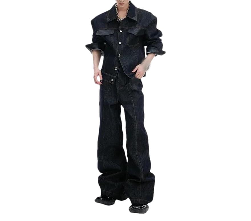 Pohullan Men Denim Sets Pu Leather Patchwork Solid Lapel Single Breasted Coats Straight Leg Jeans2