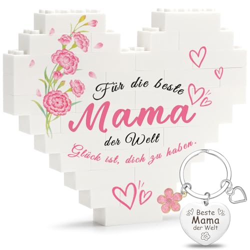 TUZHE Coffret cadeau pour maman, cœur en blocs de construction avec porte-clés, motif floral, cadeau de fête des mères