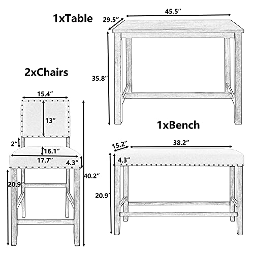 P Purlove 4 Piece Kitchen Table Set Counter Height Dining Setwith One Rectangle Table And 2 Cushioned Chirs And 1 Cushioned Bench For 4 Persons Dining Room Table Set(Table And 2 Chairs And 1 Bench) #TOP6