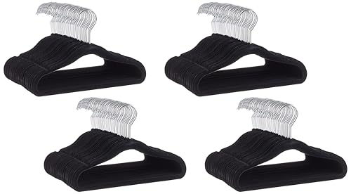 Image of Amazon Basics Kids Space Saving Velvet Non-Slip Clothes Hangers with Shoulder Notches for Infant and Toddler, 11.6 inch, Black, 50 Count (Pack of 4)