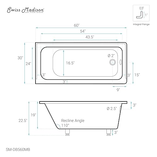 Image of Swiss Madison Voltaire 60 inch x 30 inch Right-Hand Drain Alcove Bathtub in Matte Black