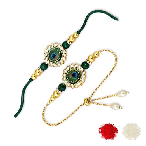 Image of Riddhika Ventures Glorious Gold Plated Kundan and Peacock Bhaiya Bhabhi Rakhi Set with Roli Chawal and Greeting Card