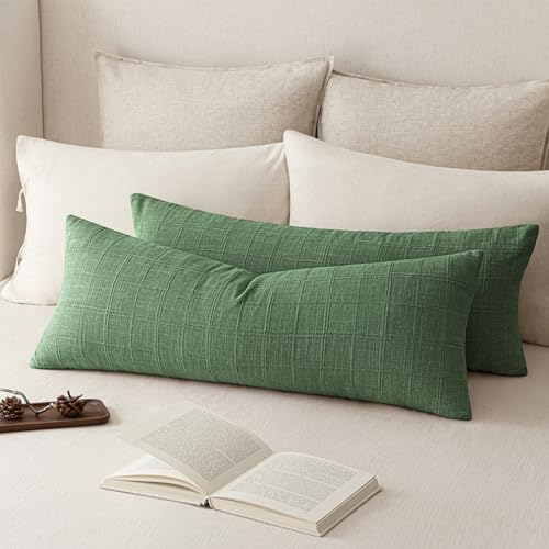 Image of Foindtower Set of 2 Decorative Linen Check Throw Pillow Covers Neutral Farmhouse Vintage Cushion Covers Cozy Modern Boho Accent Home Decor for Sofa Chair Couch Bed Living Room,14x36 Inch,Forest Green