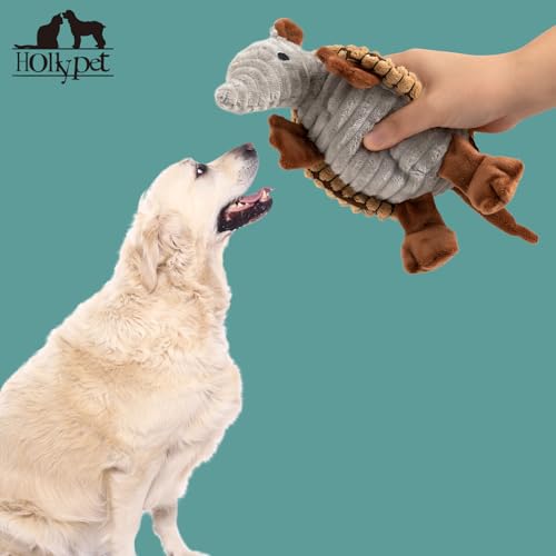 Image of Hollypet Plush Dog Squeaky Toy Stuffed Armadillo Animal Pet Puppy Chew Toys with Clean Teeth for Small Medium Large All Breed Sizes Dogs, Light Brown, 8 in