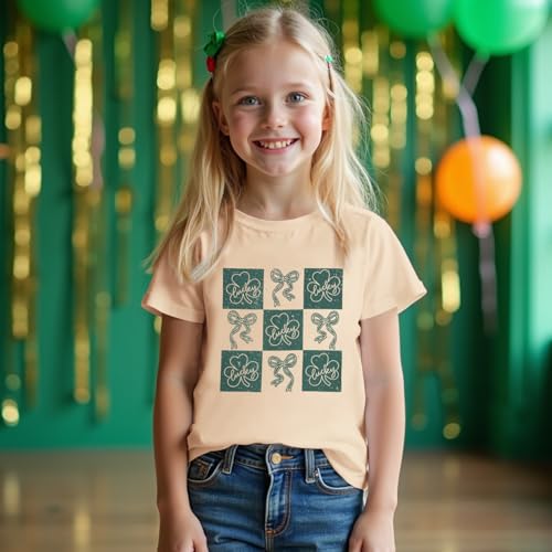 Image of Kid Girls St. Patricks Day Shirts Bow Lucky T-Shirt Shamrock Tees Clover Short Sleeve Tops Irish Outfits 7-12 Years