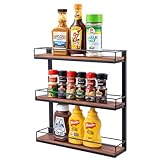 MyGift - Estante para especias de 3 niveles montado en la pared, metal negro y madera maciza quemada...