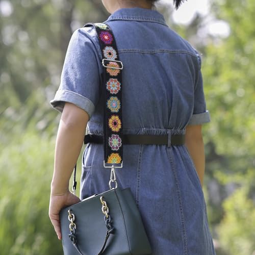 Crochet Flower Purse Straps Silver Hardware,2" Wide Bag Strap Replacement for Crossbody Adjustable2