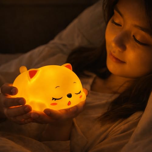 Image of Cute Sleeping Cat Night Light Lamp, Yellow LED Bedside Light for Kids & Teens, Small Decorative Night Lamp for Bedroom & Desk, Battery Operated, Gift for Birthday, Valentine's Day & Christmas