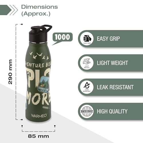 Image of WARMEO VIBE 1000 Stainless Steel Water Bottle 1000 ml | Adventure Theme 3D Embossed Design | Single Walled, ISI Certified I Leak Proof Lid, Rust Proof I For School, Office, Gym I Green
