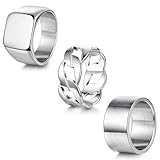 YOVORO 3Pcs Stainless Steel Signet Rings Chunky Wide Band Ring for Men Women Cuban Link Chain Rings Fashion Matte Finish Plain Ring Comfort Fit Size 10 Silver
