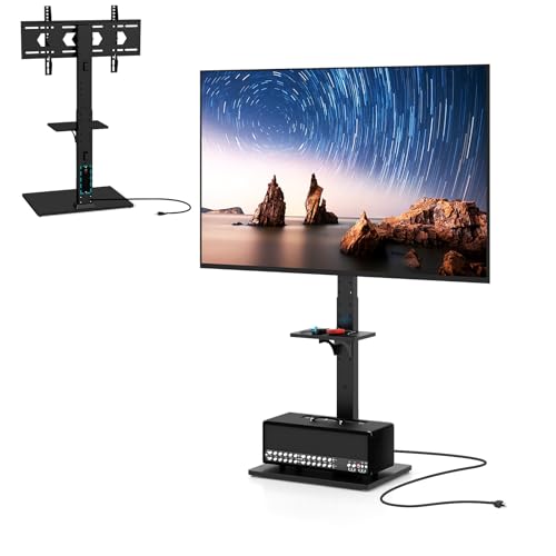 SOARS Support TV sur Pied pour Télévisoin 32-70 Pouces, Pied TV Réglable en Hauteur à 7 Niveaux, Charge 50 KG, VESA Max 600 X 400 MM, avec Prise Intégrée, Étagère, pour Télé Plat/Incurvés