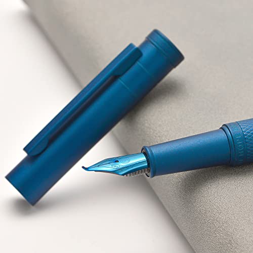 Image of Asvine Dark Blue Fude Pen, Bent Nib Calligraphy Fountain Pen (Fine to Broad) with Converter and Metal Pen Case Set