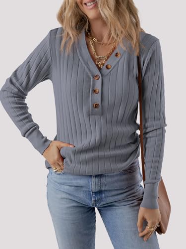 Image of MEROKEETY Women's 2025 Long Sleeve V Neck Ribbed Button Knit Sweater Solid Color Tops