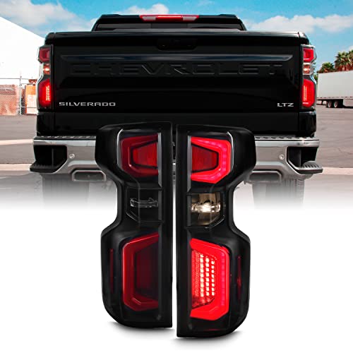 Image of AKKON - Fits 2019-2024 Chevy Silverado 1500 2500HD 3500HD [LED Type] Tube DRL Brake Signal Black Smoked Tail Lights Pair