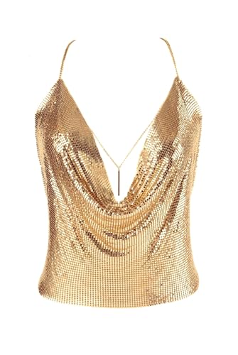 Gold Sexy Tops for Women Sparkly Deep V Neck Crop Tank Tops Cami Body Metal Mesh Chain Top