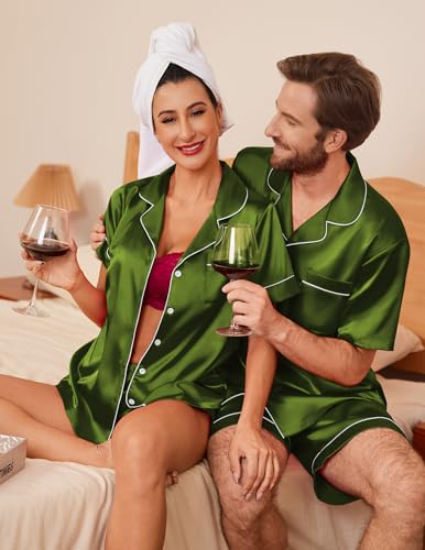 Ekouaer Couple Matching Pajamas Sets Silk Short Sleeve Button Down Sleepwear Satin Pjs Shorts Set Soft Lounge Set S-XXL4