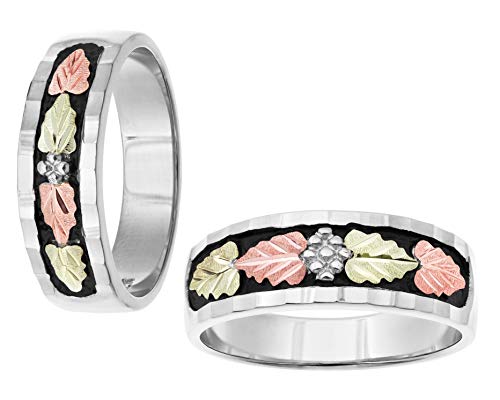 Sterling Silver, 12k Rose and Green Gold Black Diamond-Cut Black Hills Gold Wedding Band, His and Hers Wedding Ring Set