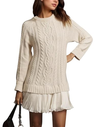 Women Crewneck Cable Knit Sweater Mini Dress,Crewneck Long Sleeve Pleated Mini Dress,Casual Long Sleeve Short Dresses
